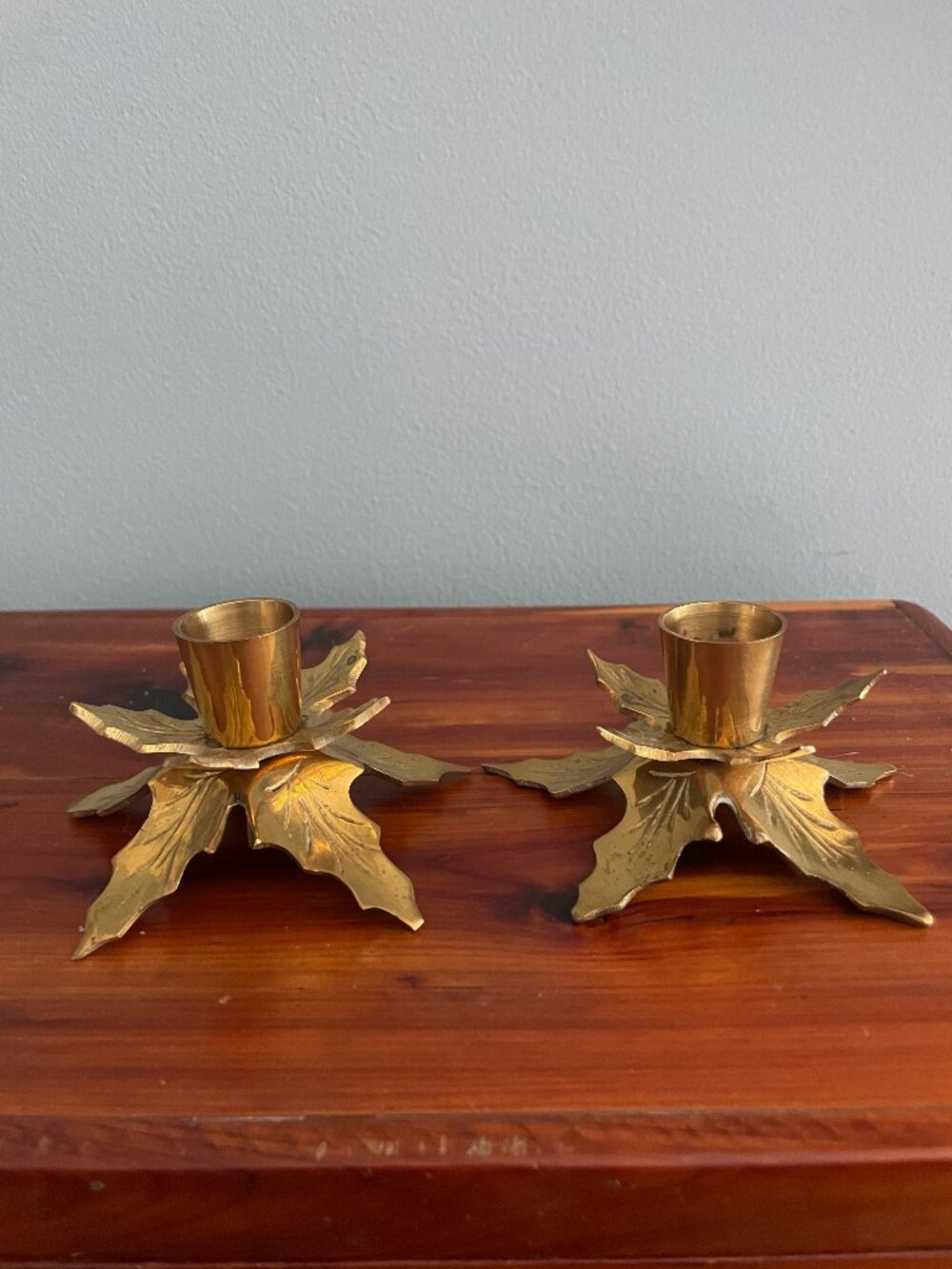 Vintage Brass Holly Candlestick Holders Set of 2 Made in India Christmas Holiday